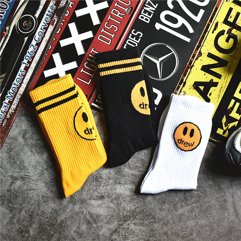 European and American Trendy Socks Street Men's and Women's Mid-Calf Socks Drew Socks House Smiley Face Socks Biber Same Ins Cotton Stockings