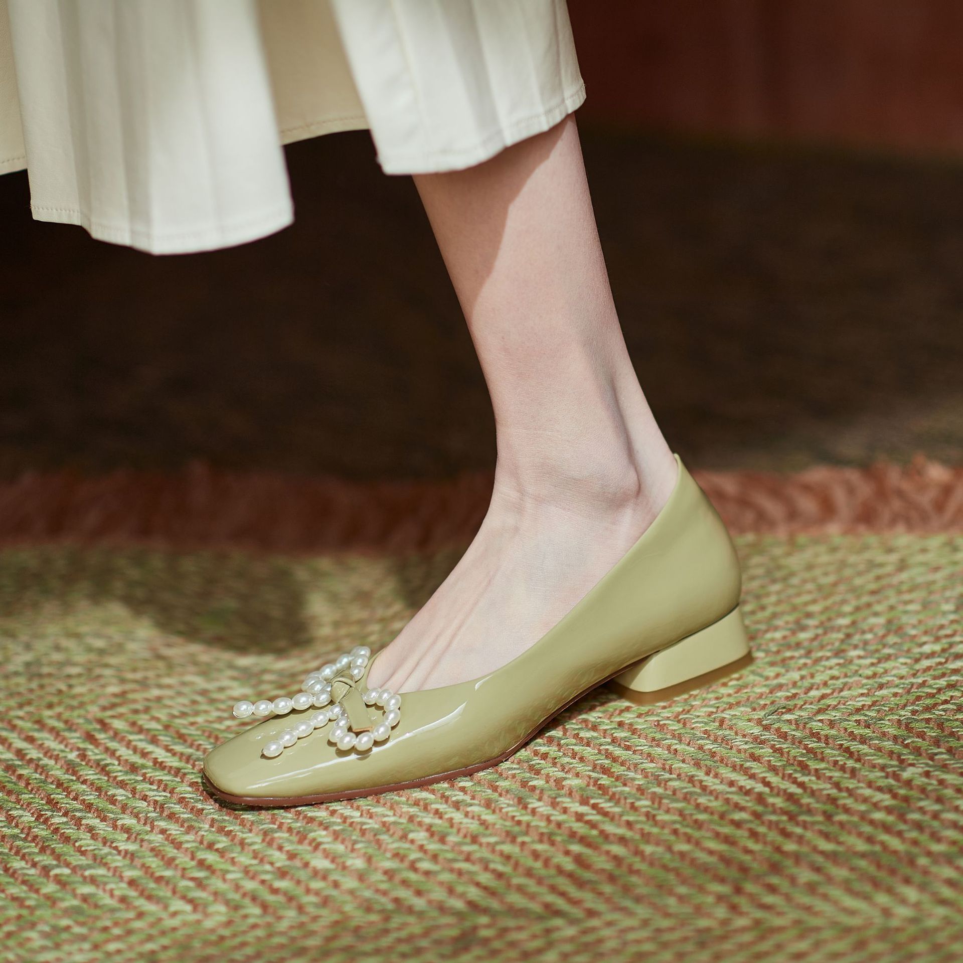 浅口单鞋女2021年春季新款方头低跟淑女鞋时尚简约蝴蝶结简约女鞋