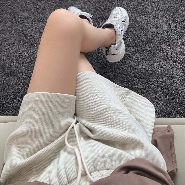 夏季华夫格宽松运动短裤女松紧腰外穿小个子高腰显瘦休闲阔腿热裤