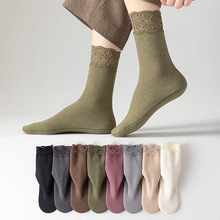 德绒袜子女中筒袜冬季蕾丝边长袜女加厚加绒保暖堆堆袜居家地板袜