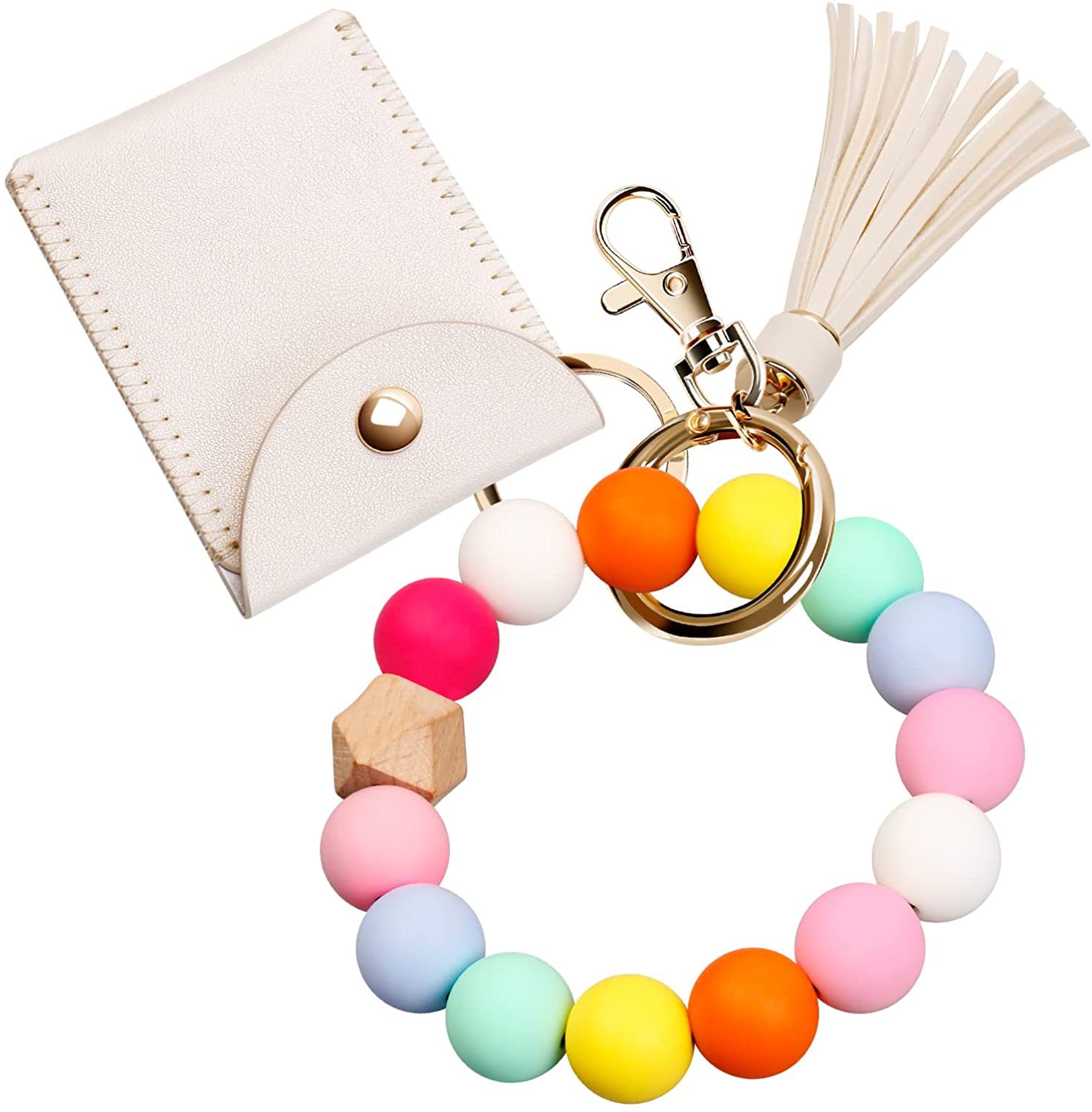 European and American Silicone Beaded Tassel Card Bag Spring Coil Keychain Leather Tassel Coin Purse Silicone Bracelet Key Ring