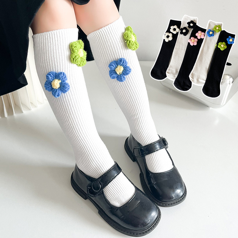 女童袜子春秋薄韩版针织梅花儿童堆堆袜洋气女孩宝宝中长筒袜双色