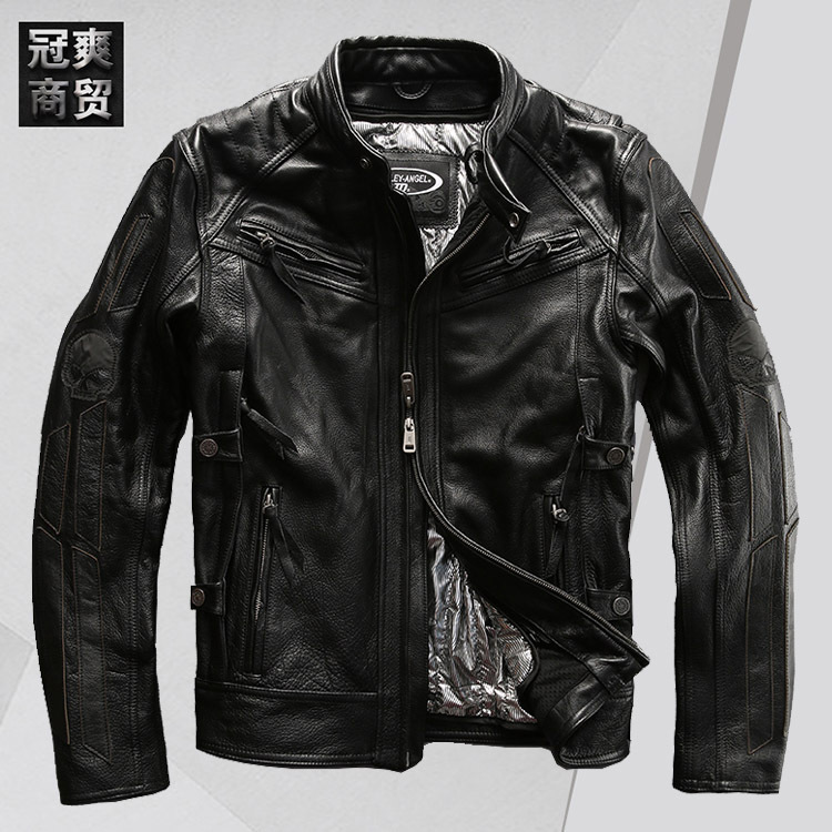 harley angel机车骑行加厚牛皮皮衣男工厂直供夜光骷髅头真皮夹克