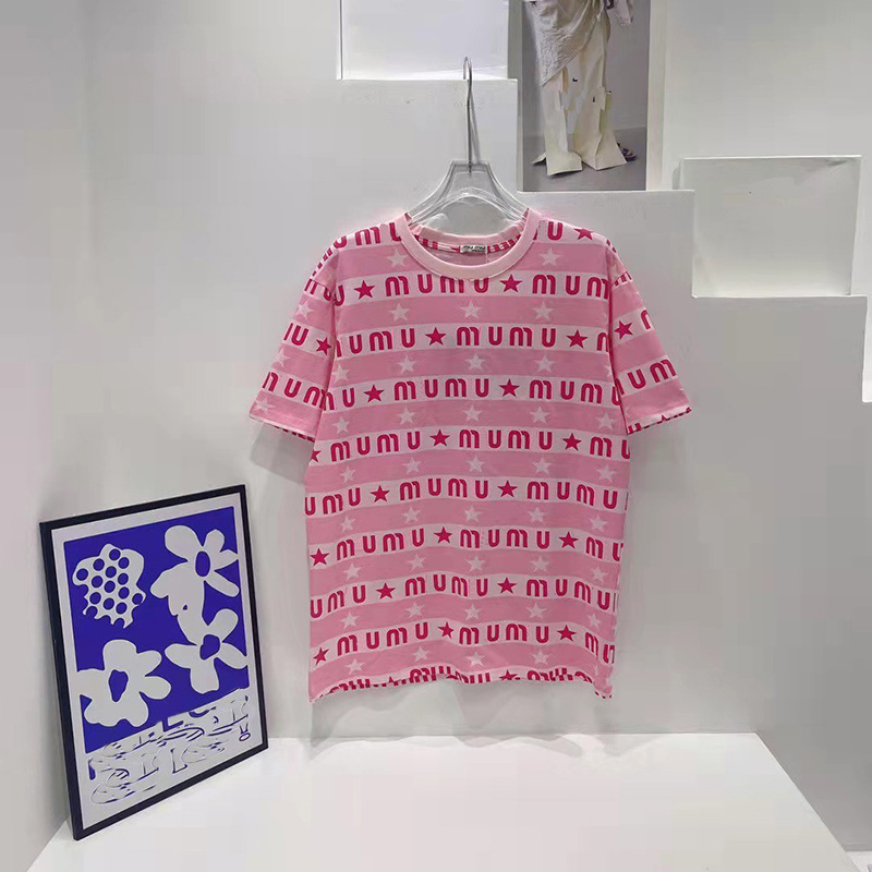 缪缪2022夏款撞色横条miu字母印花圆领t恤女甜美显白宽松短袖上衣