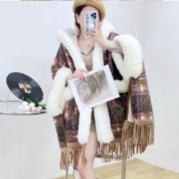 2025新款口袋款斗篷连帽加绒加厚气质流苏中长款宽松披肩外套女批