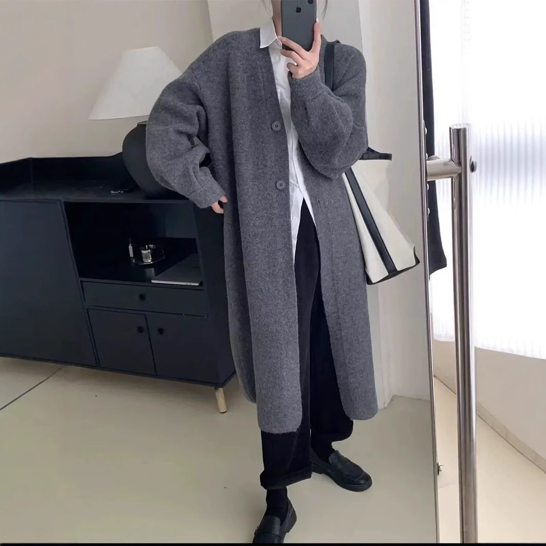 慵懒风过膝长款毛衣外套大衣女秋冬新款韩版宽松单排扣针织开衫女