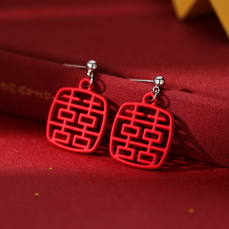 如业925银针双喜耳针新年红色耳环2023新款爆款女本命年耳饰批发