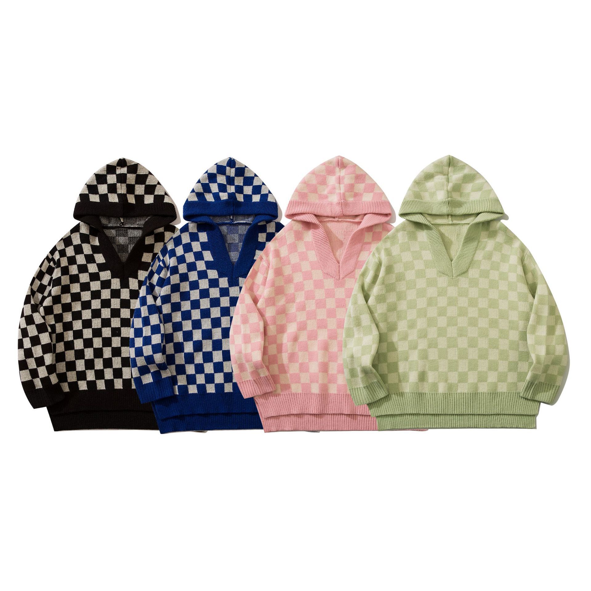 网红方格连帽毛衣男潮牌秋冬2021新款复古宽松情侣针织衫线衣潮流