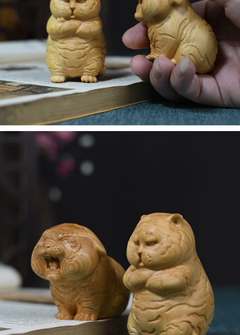 黄杨木雕刻胖萌虎可爱茶宠摆件实木手把件桌面摆饰汽车内饰工艺品
