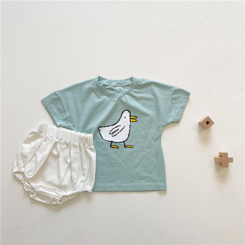 Two-Piece Set Infant Unisex Baby Suit Cotton Cartoon Graffiti Short Sleeve T-shirt + White Bulky Underpants Summer