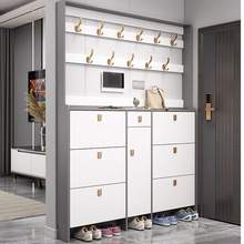 实木翻斗鞋柜家用门口大容量超薄带衣架意式简约现代灰白色门厅柜