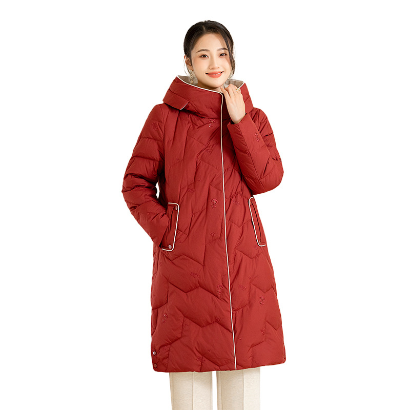 Hooded Chinese Style Embroidery 98 White Goose Down Down Jacket Contrast Color Warm 23 New High Quality Mid-Length Women's down Jacket