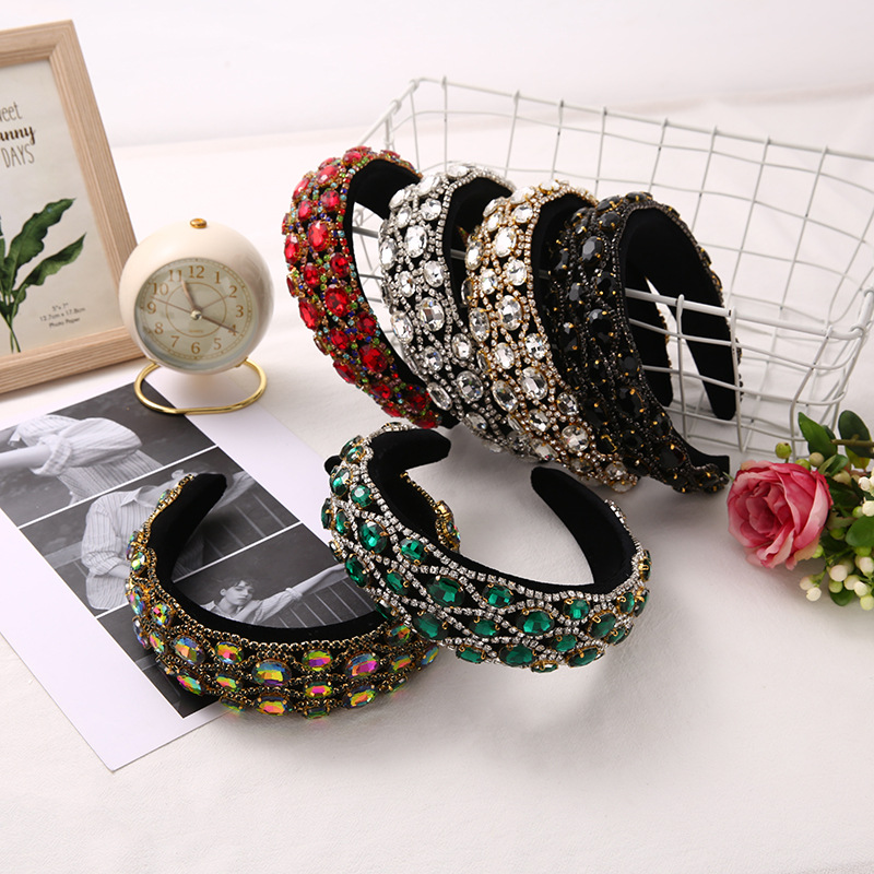 Korean Style Diamond Sponge Heavy Industry Headband Baroque Headband Wide-Edge Rhinestone Headband Hair Accessories Female Factory in Stock Wholesale