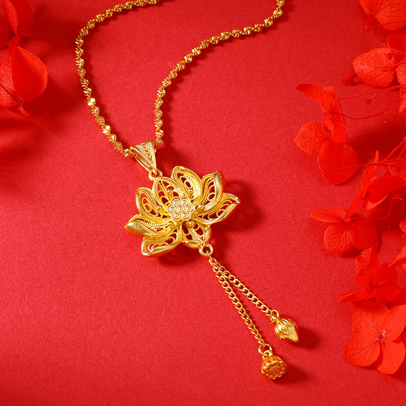 镀金仿真金牡丹花婚庆项链吊坠套装项链饰品婚嫁首饰金色跨国批发