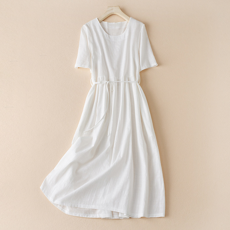 Real Shot Cotton and Linen Dress 2023 Summer New Artistic Solid Color round Neck Linen Short Sleeve Mid-Length Dress