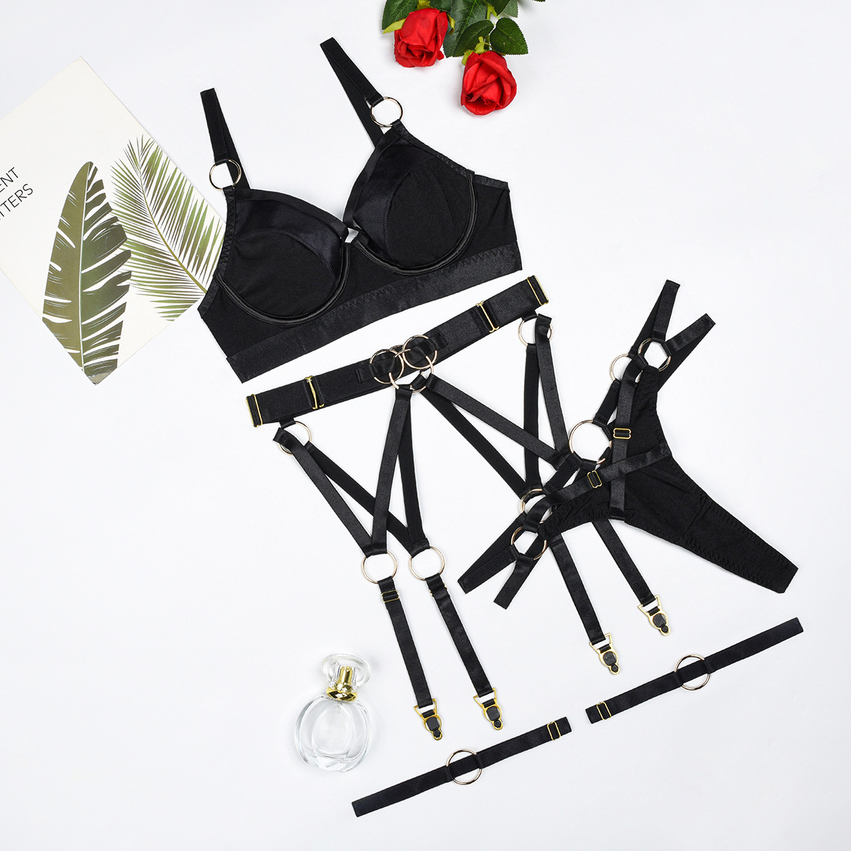 Europe and America Cross Border 2024 New Fashion Heavy Craft Lace up Cross Women's Underwear Push up Four-Piece Set with Steel Ring