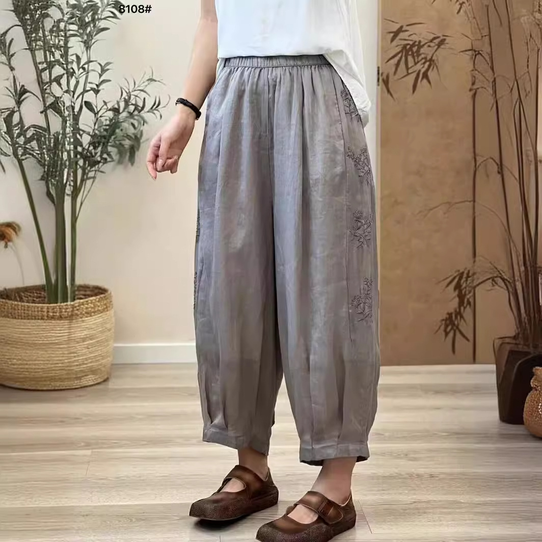 2024夏薄款苎麻哈伦裤文艺国风刺绣宽松阔腿显瘦休闲束脚灯笼裤女