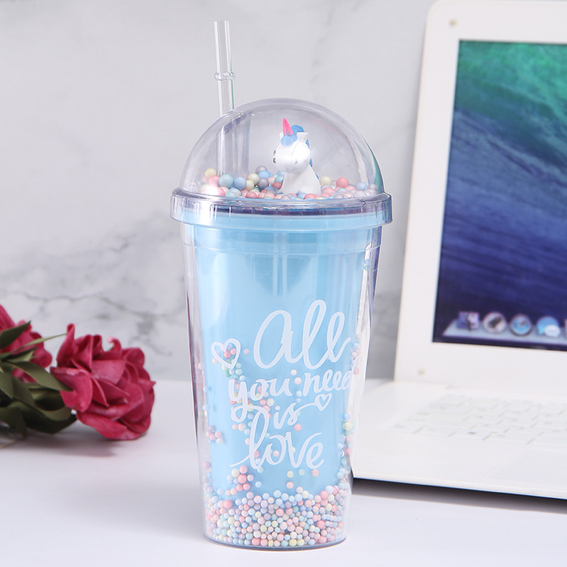 Summer 16Oz Transparent Double-Layer Straw Plastic Water Cup Ins Cartoon Unicorn Student Crushed Ice Cup Direct Supply Wholesale