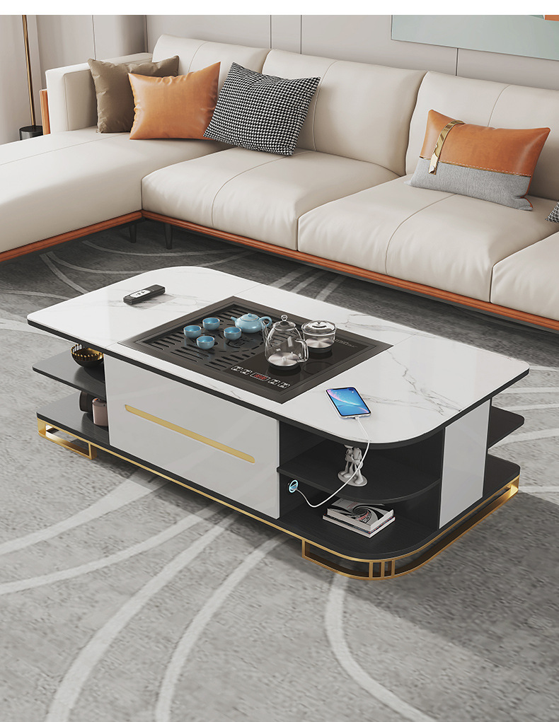 家用全智能岩板升降功夫茶几电视柜组合带遥控小户型可伸缩茶桌台