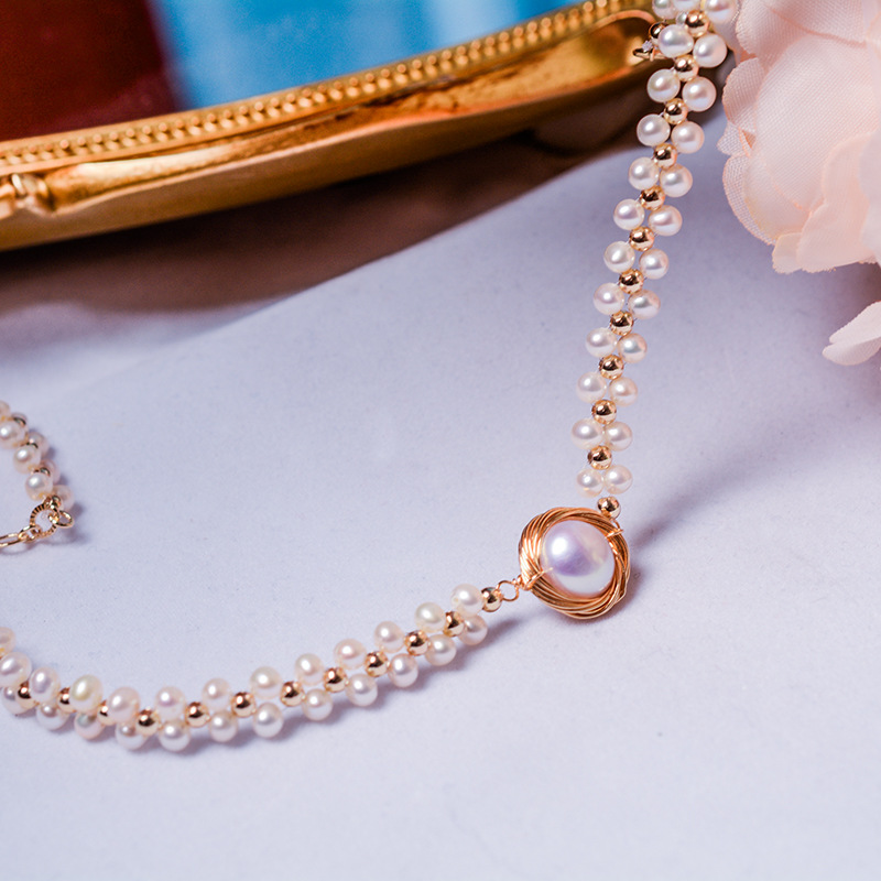 新款强光天然淡水珍珠编织choker颈链 国潮港风14k注金小珍珠项链