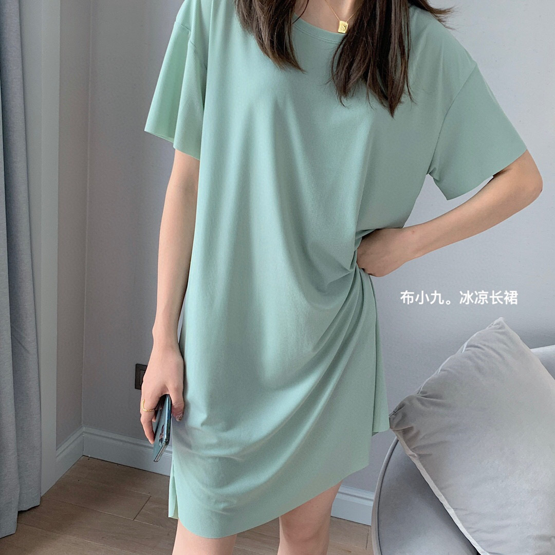 2023 New Korean Style Cool Long Dress Women's Summer Thin Outer Wear Pajamas Solid Color Casual Pajamas Cool Dress