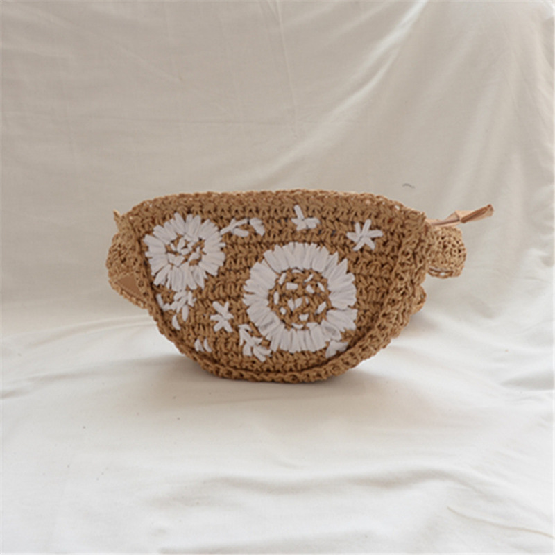 夏季新款度假欧美简约钩针腰包花朵刺绣草编包 郊游野炊沙滩女包