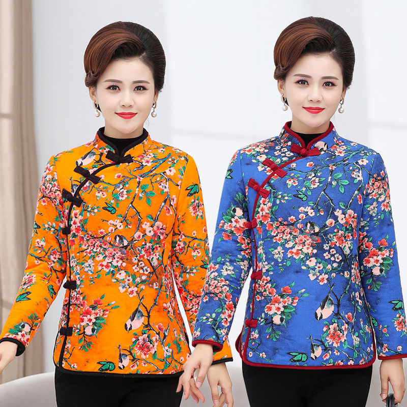 旗袍式棉服女短款中老年棉麻印花小棉袄保暖大码显瘦冬季外套女