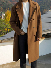 秋冬季男士宽松型双排扣纯色韩版中长款加棉风衣毛呢料休闲外套