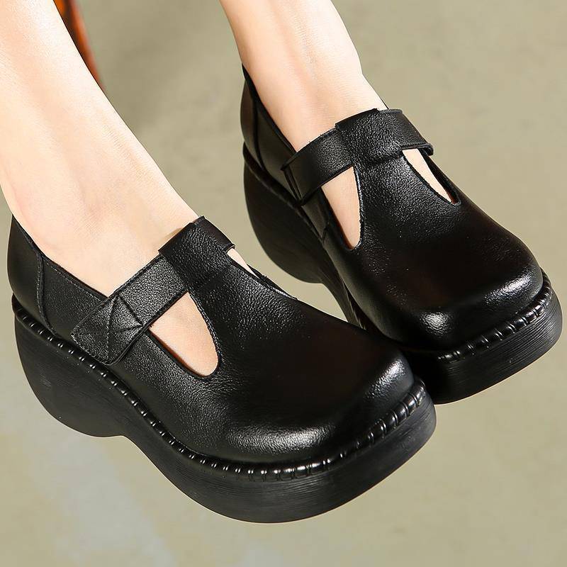 坡跟单鞋女皮圆头厚底轻便t丁字型复古百搭女士单皮鞋