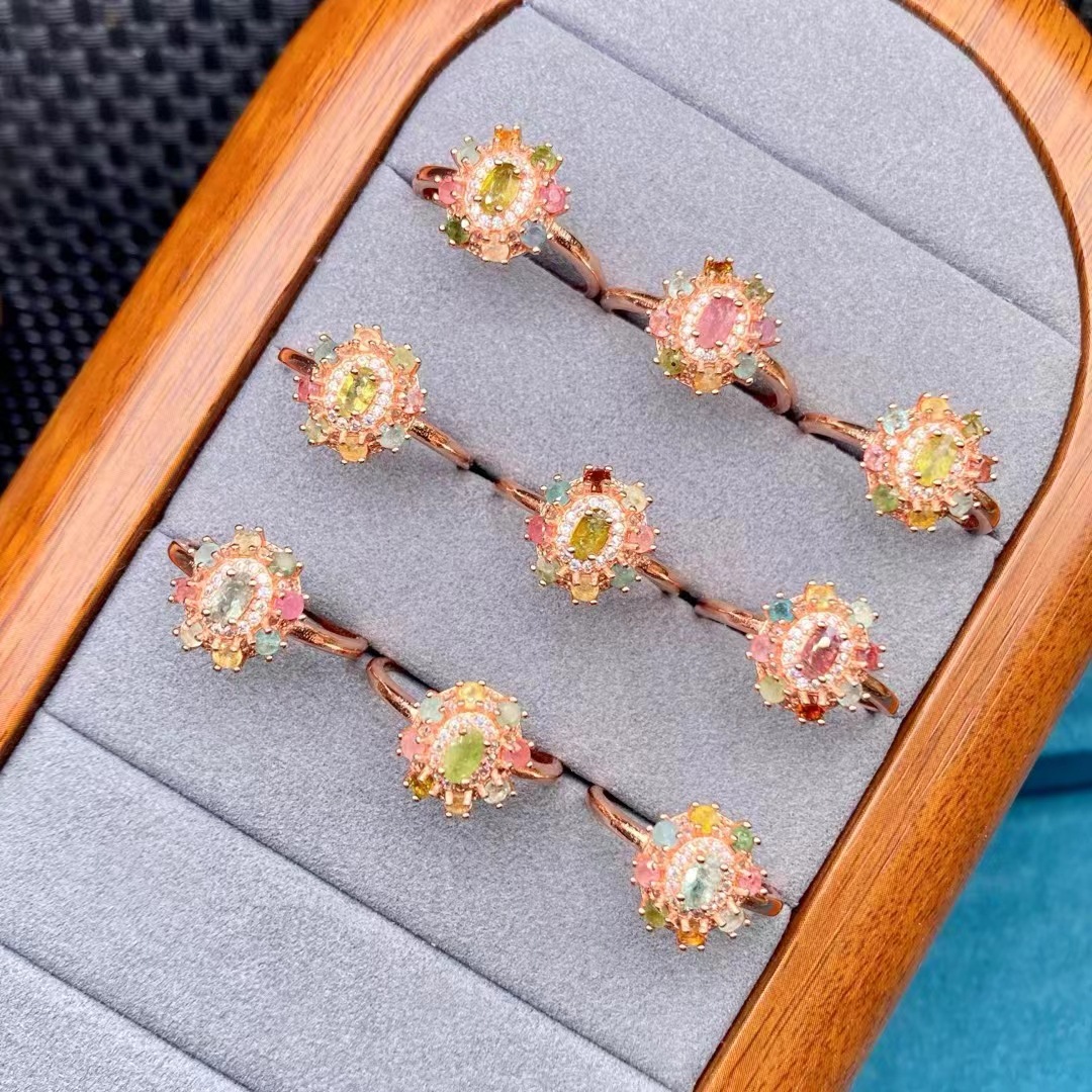 天然碧玺新款戒指镶嵌s925镀银女款戒指简约活口设计网红直播批发