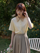 女装2023夏季十三行新款奶黄色衬衫不对称门襟设计感宽松短袖上衣