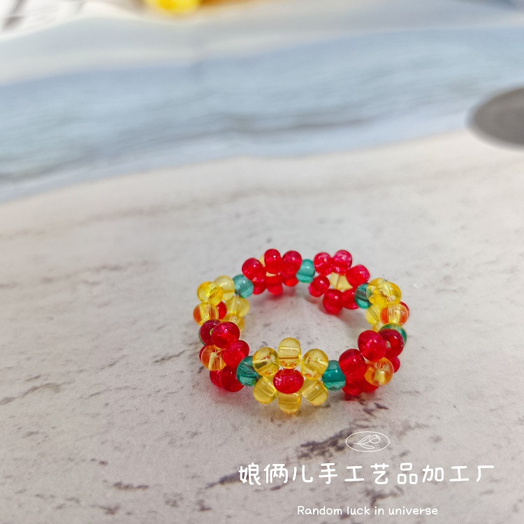 Beaded Ring Bead Glass Crystal Ring Finished Small Flower Ins Korean IU Same Style Ring Handmade Niche