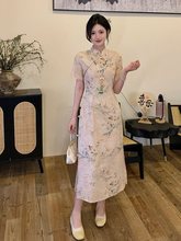 大码胖mm新中式国风连衣裙女士2024春夏季新款短袖印花旗袍长裙子