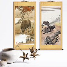 OQ5M生肖牛画牛的图案动物画客厅玄关装饰画牧童骑牛丝绸卷轴挂画
