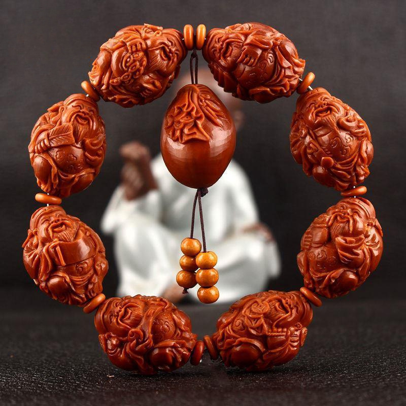 橄榄核手串八宝财神大师手工雕刻橄榄胡核雕八方来财文玩把件手链
