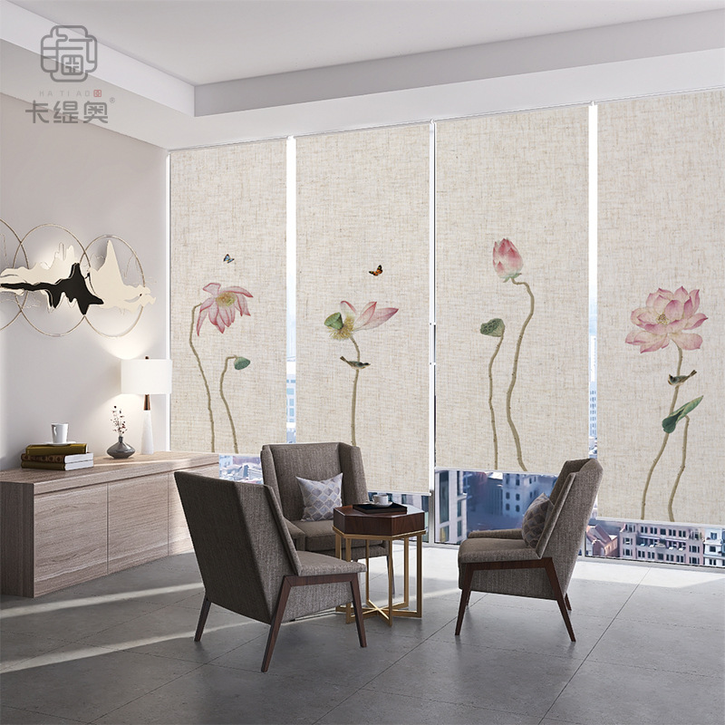 新中式卷帘窗帘印花山水挂帘办公室软隔断帘电动卷拉式屏风帘壁纸