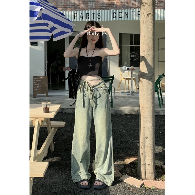 Nostalgic Retro Drawstring Jeans Women's Summer Loose Slimming Drooping Wide-Leg Pants Mop Pants