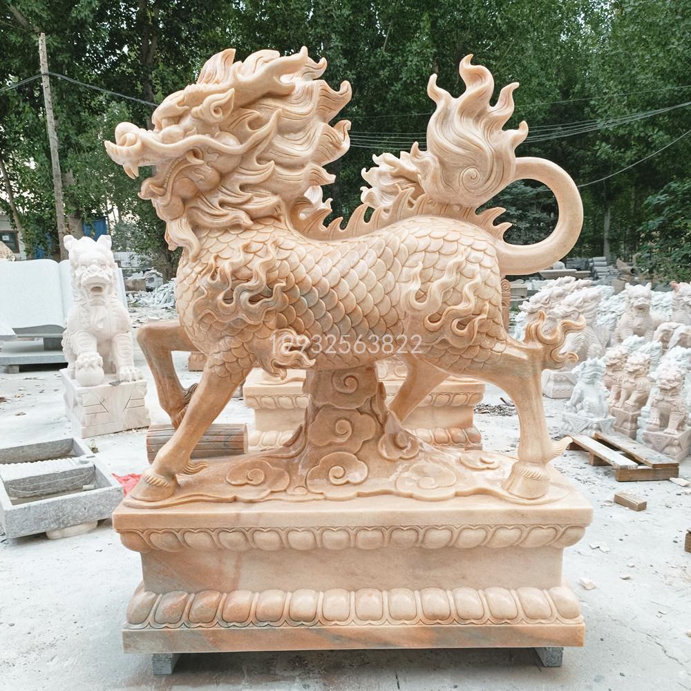 石雕火麒麟一对晚霞红门口摆件 天然青石汉白玉新中式看门独角兽