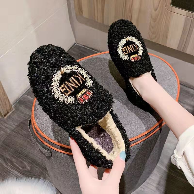 2023 Korean Style Loafers Women's Autumn and Winter Fleece-lined Warm Embroidered Cotton Shoes Fluffy Shoes Versatile Casual Shoes Slip-on