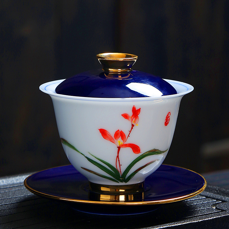 盖碗大号青花瓷三才杯景德镇陶瓷敬茶杯三炮台功夫茶具冲茶器