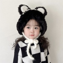 宝宝冬季帽子黑白色可爱耳朵儿童护耳帽保暖加绒女童套头帽厚户外