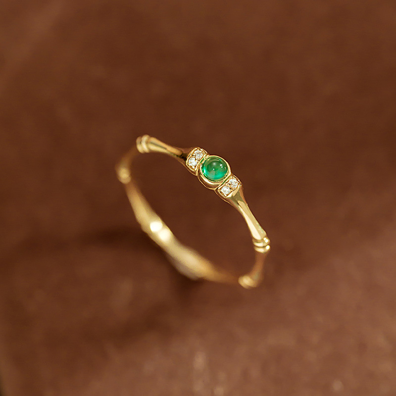 纯14k金戒指复古竹节气质个性镶嵌宝石小众指环黄金珠宝首饰30890