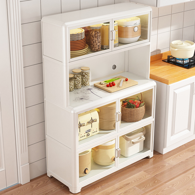 厨房置物架多层落地铝合金橱柜微波炉电饭煲收纳架带门防尘储物柜