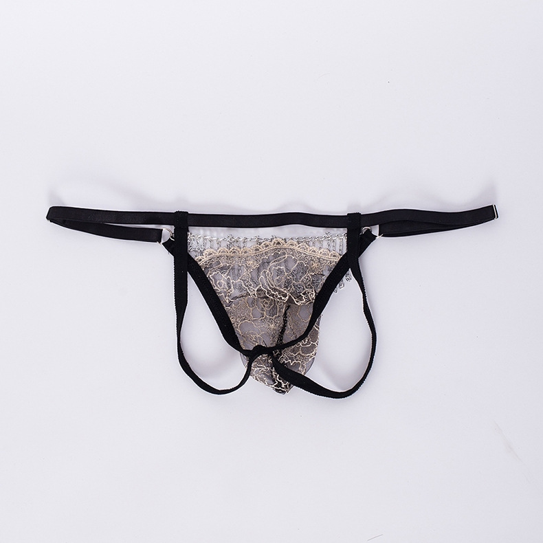 欧美跨境男士蕾丝丁字裤情趣内裤跨境外贸性感铁链内裤透明男t裤