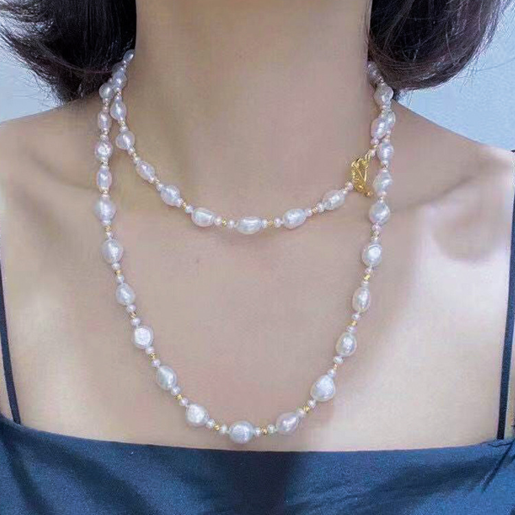 欧美叠戴天然淡水珍珠项链气质百搭14k注金ot扣手作设计毛衣链ins