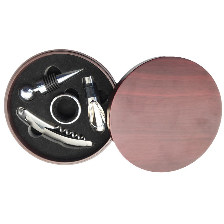 Spot round Wine Bottle Opener Kit Wine Opener Creative Gift round Leather Box Wine Set Four-Piece Set