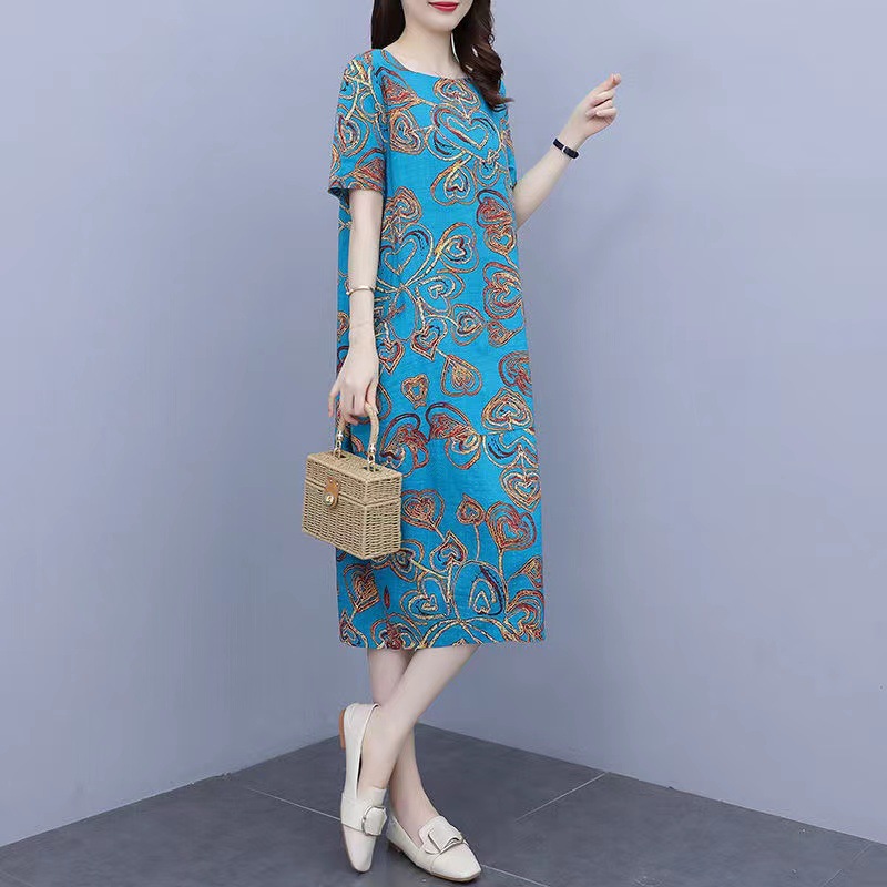 2023 Summer New Dress Best-Seller on Douyin Loose plus Size Women's Clothing Short Sleeve Printed Middle-Aged Mom Dress