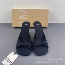 ZA2024年夏季新品女鞋黑色蝴蝶结饰高跟鞋一字带后空细跟时装凉鞋