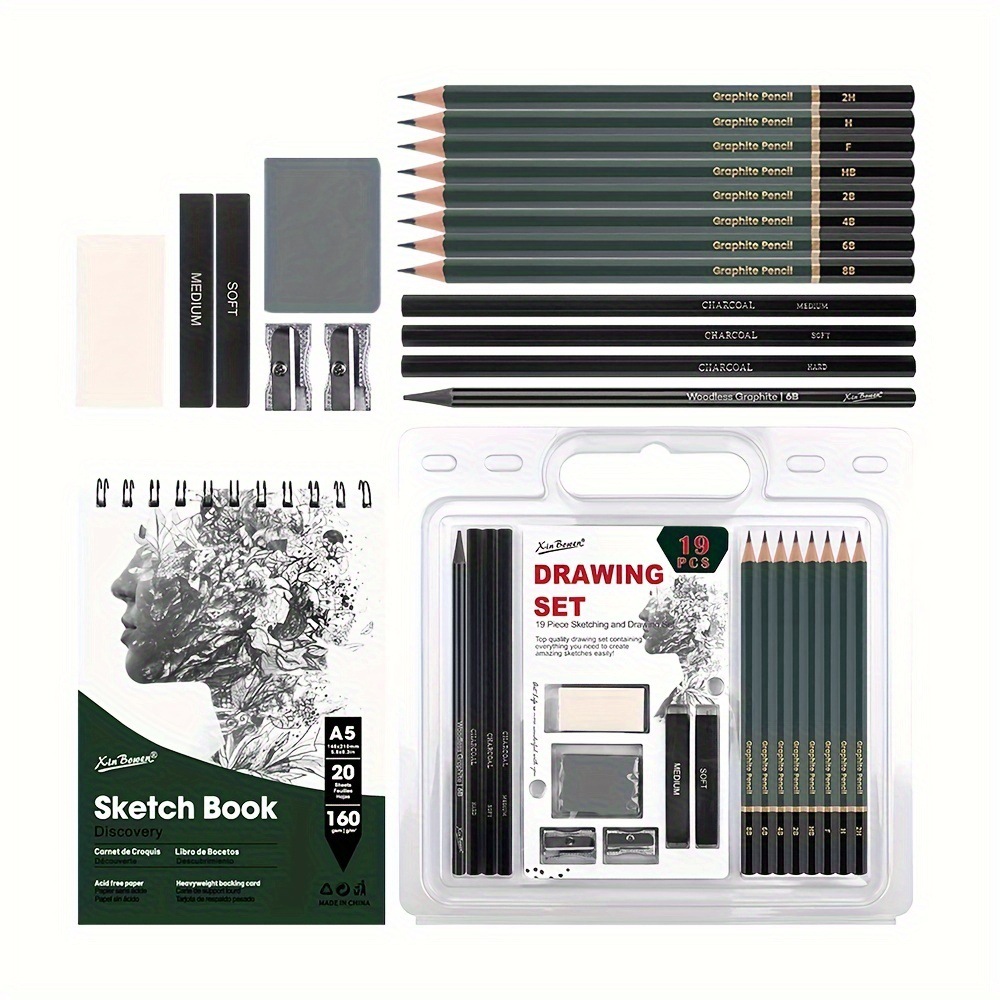 跨境素描铅笔19件套学生绘画素描本美术用品速写素描笔橡皮擦批发