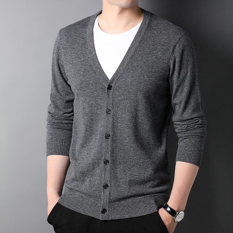 高端100%纯羊毛衫男士秋季新款复古针织开衫打底衫毛衣男装